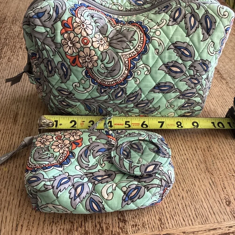 Vera Bradley Cosmetic Bag Set Of 2 FAN FLOWERS Makeup Travel With Mirror Aqua